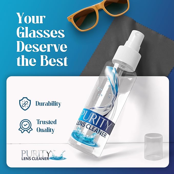 Purity Eyeglass Lens Cleaner Kit - 2 x 8oz and 1 x 2oz Lens Cleaner Spray Bottle + 2 Microfiber Cleaning Cloths - Safe for All Lenses (AR Coated Included), Eyeglasses and Screens - Clear