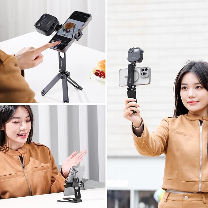 ULANZI MA26 Foldable Phone Tripod - Pocket Cell Phone Vlog Video Tripod Handle Aluminium Smartphone Desk Stand 2 Cold Shoe Small Size All in One Lightweight Portable Vlog Stick for iPhone Samsung