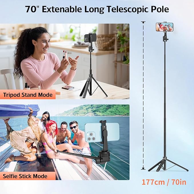 70" Phone Tripod & Selfie Stick, Extendable Tripod for iPhone Stand with Wireless Remote, Lightweight Travel Stand for Vlogging/Live Streaming, Compatible with iPhone Android, Cameras