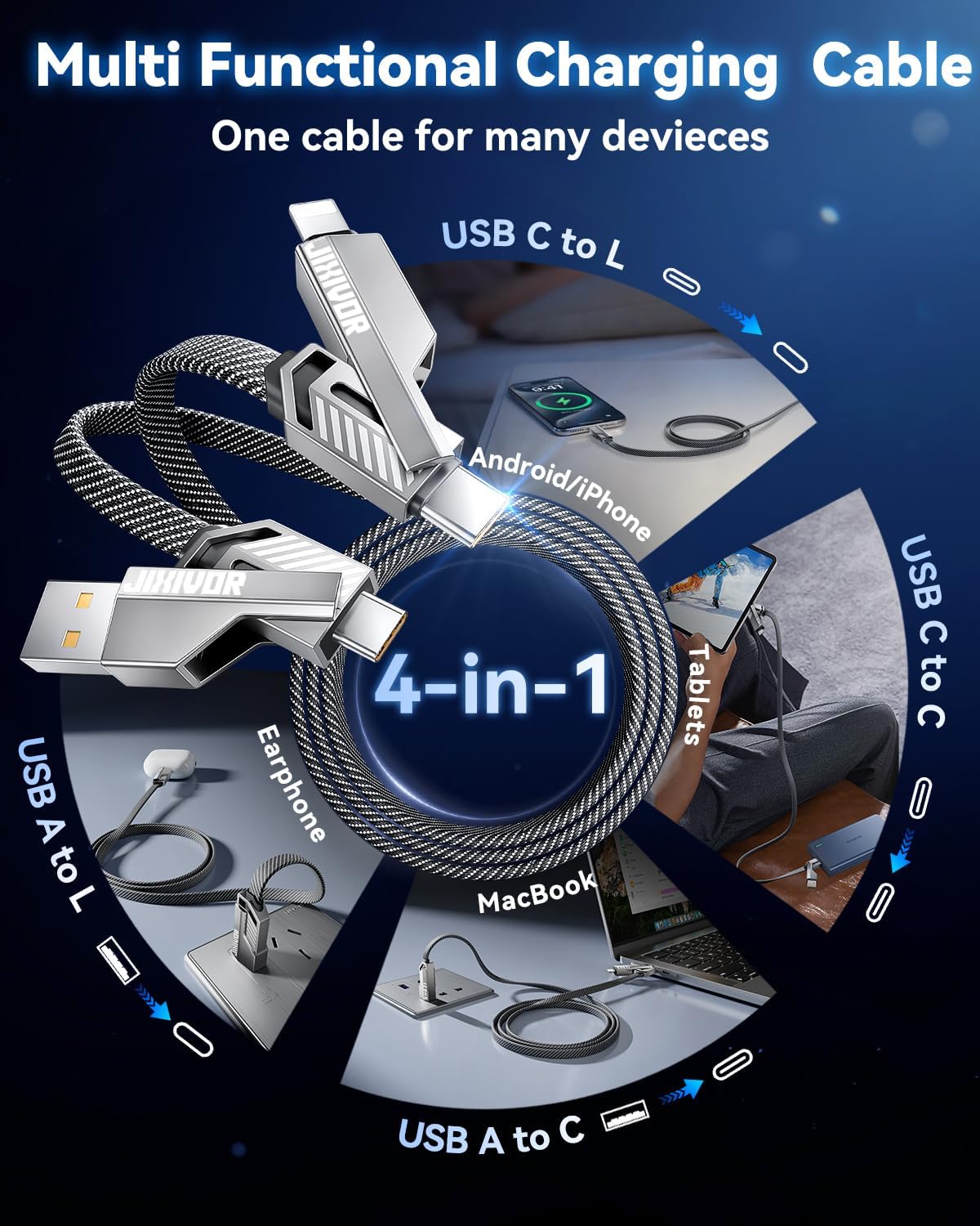 [One is Enough] 4-in-1 Compatible with USB C to Lightning Cable, 60W High-Speed Charging & Fast Data Transfer,CarPlay & Android Auto Support Multi Charger Cord Combo for iPhone/Samsung/iPad,5FT