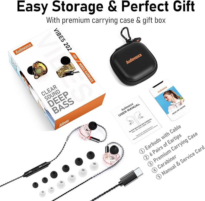 Vibes 202MC USB-C Wired Earbuds - HiFi in Ear Headphones - USBC for iPhone 16/15 - Noise-Isolating Ear Buds w/ Mic - Clear Sound, Deep Bass & Comfort-Fit Earphones - Silver Plated Cord, Carrying Case