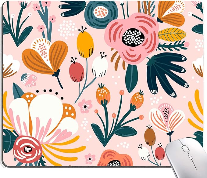 Pink Cute Flower Mouse Pad, Floarl Mouse Pad Custom Design, Square Waterproof Mouse Pad Non-Slip Rubber Base MousePads for Office Laptop, 9.5x7.9x0.12 Inch