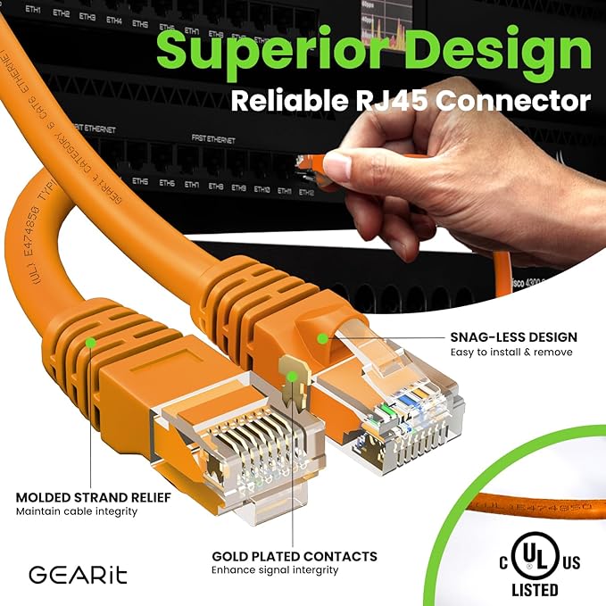GEARit Cat 6 Ethernet Cable (100-Pack 1 Foot) Cat6 Network Patch, 10Gbps, RJ45, Snagless Cord, Gold-Plated Connectors, Internet for PC, TV, Tablet, Router, Printer, Servers, IT Data Center - Orange