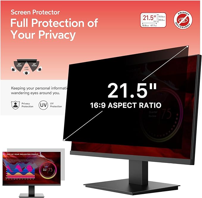 BERSEM 21.5 Inch Monitor Computer Privacy Screen Filter for 16:9 Ratio,Removable Monitor Anti-Glare & Privacy Filters for 21.5 Inch, Anti Blue Light, Anti-Spy, Anti-Scratch, UV-Blocking