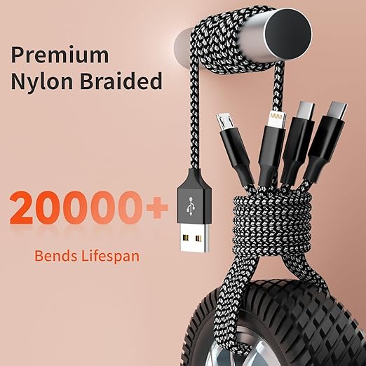 Multi Charging Cable,Dual Type-C Multiple Charger Cable Nylon Braided 4 in 1 Multi USB Cable Charging Cord with IP/Type C/Micro USB Ports for Cell Phones/iPhone/Tablets/Samsung Galaxy & More-1Pack 5Ft