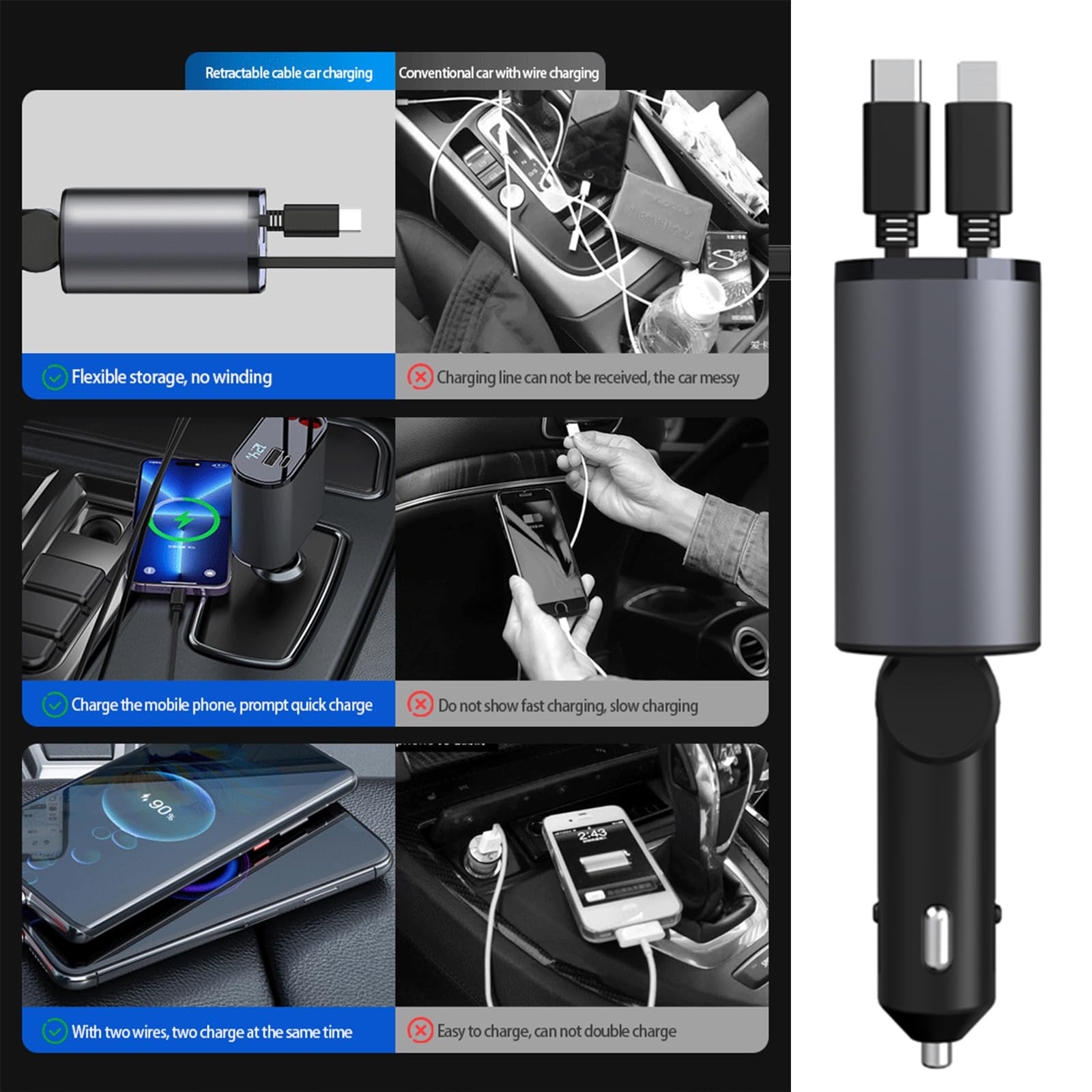 Retractable Car Charger，4 in1 Fast Car Phone Charger with Dual Retractable Cables and 2 Charging Ports (Type C+Lightning Retractable Cords)