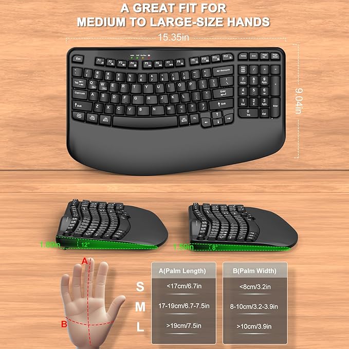 EDJO Ergonomic Wireless Keyboard with Wrist Rest, Wave Keys, Comfortable Natural Typing, 2.4GHz Ergo Wireless USB Computer Keyboard for Multi-OS, Windows, Mac OS, Laptop, PC (Black)