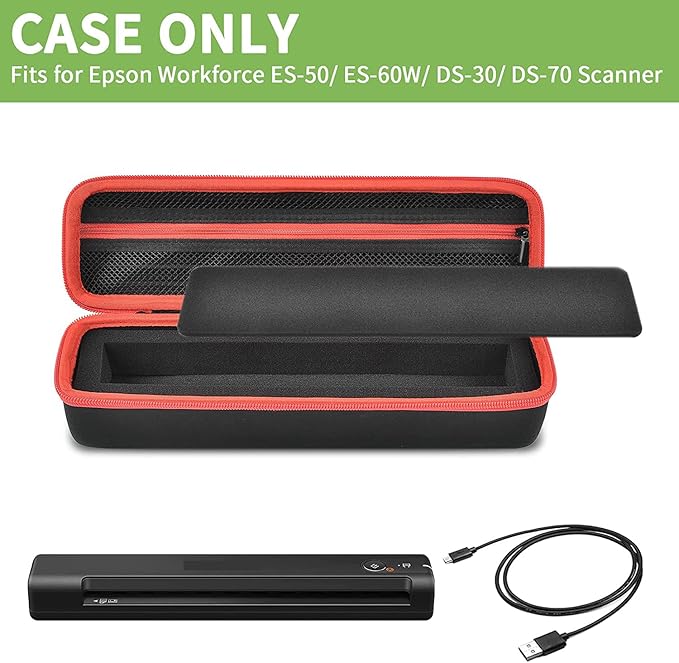 Case Compatible with Epson Workforce ES-50/ ES-60W/ ES-55R/ ES-65WR/ DS-30/ DS-70/ DS-80W Portable Sheet-Fed Document Scanner, Storage for Epson Scanner for PC and Mac- Black (Box Only)