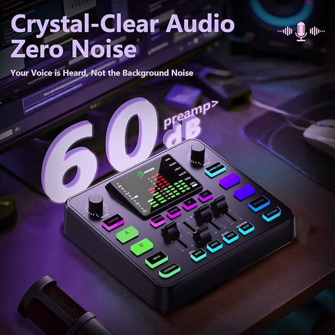Pupgsis Gaming Audio Mixer, Audio Interface, Sound Board With Pro-Preamp, Noise Cancellation, RGB, Bluetooth, Volume Fader For Streaming/Podcasting/Gaming Maonocaster/Content Create, 6.35mm