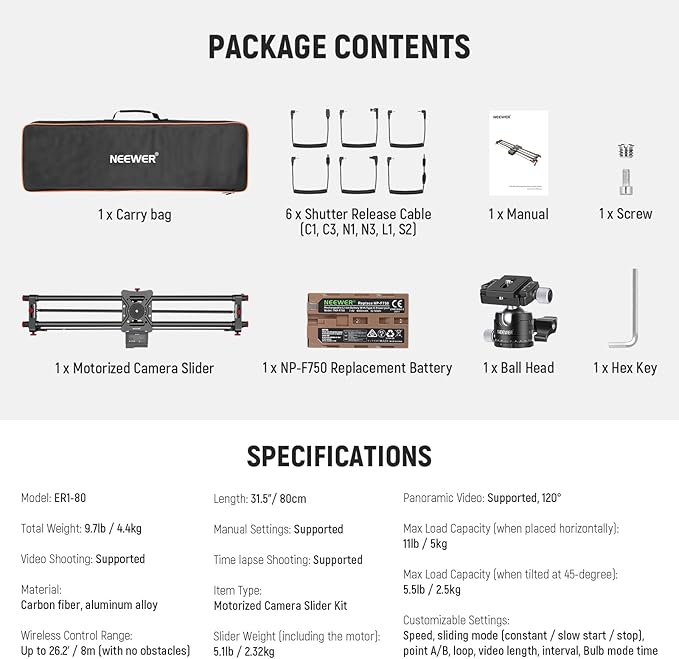 NEEWER 31.5"/80cm Motorized Camera Slider, App Wireless Control DSLR Carbon Fiber Dolly Rail Slider with 4400mAh F750 Battery (Charger Not Included), Support Video Mode, Time Lapse Photography, ER1-80