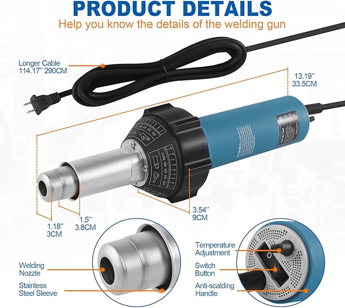 Iglobalbuy 1500W Hot Air Plastic Welder Plastic Welding Roofing Kit Vinyl PVC TPO Welding Handheld Plastic Hot Air Heat Gun Welding Torch with Various Nozzles
