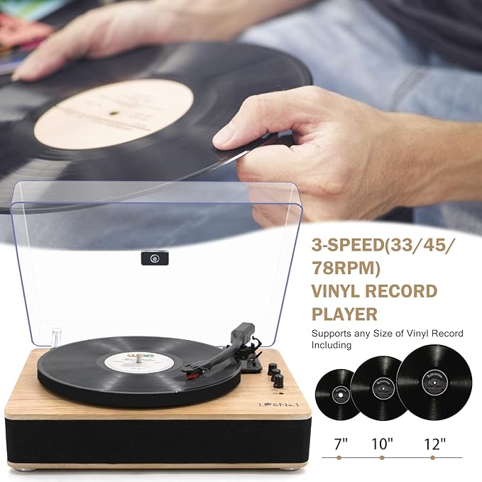 Vinyl Record Player 3-Speed Belt-Drive Turntable with Stereo Speakers and USB Play&Recording (Light Wood)