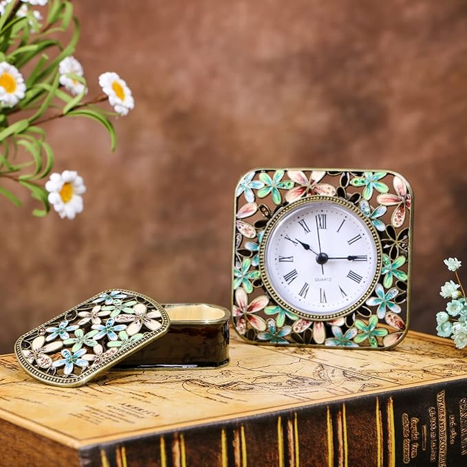 Decorative Mini Table Clock, Vintage Metal Silent Analog Quartz Battery Operated Table Top Clock for Living Room Decor Shelf