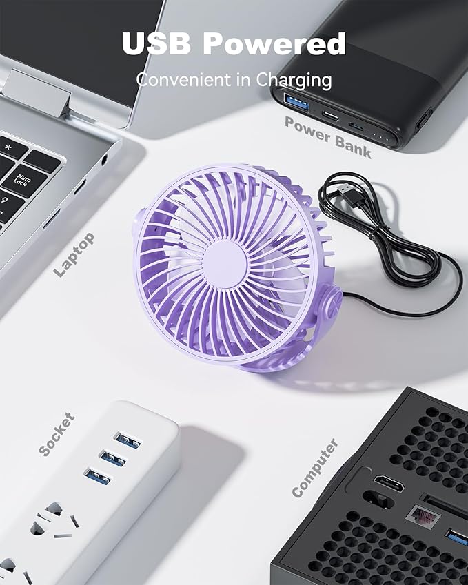 USB Desk Fan, 5 Inch Mini Portable, 3 Speeds Strong Airflow Personal Desktop, Detachable Cooling Fan 360° Rotation Quiet Small Fan for Desk Home Office Travel Car, Purple, 5ft Cable