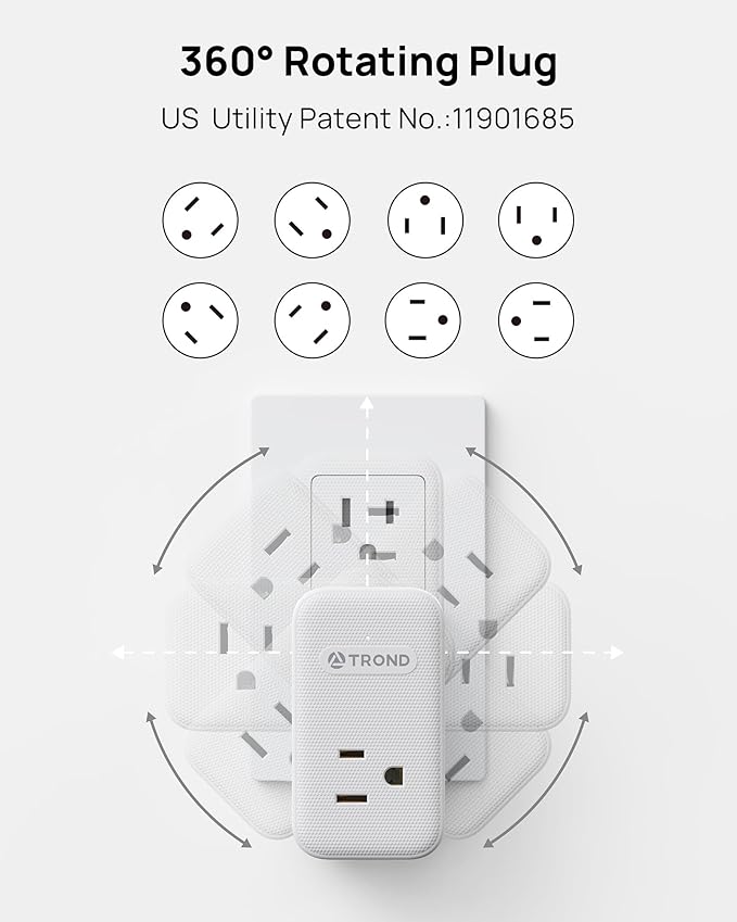 TROND Outlet Extender with 360 Rotating Plug, 3 AC Outlet Splitter with PD 20W USB C Charger, USB Wall Plug Adapter, A Small Charging Station for Kitchen Bathroom Cruise Ship Travel Essentials