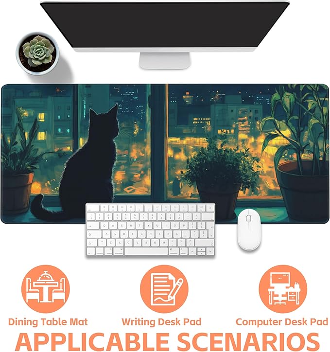 Mouse Pad Large Cat Sitting on The Windowsill Non-Slip Game Desk Mat with Stitched Edge Laptop Keyboard Desk Pad for Work Home Gaming (35.4 x 15.7 Inches)