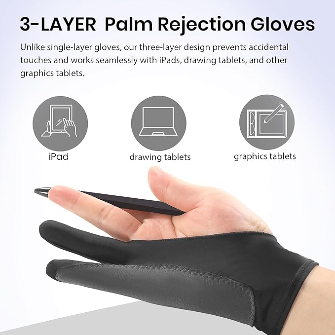 Digital Drawing Glove: 3-Layer Palm Rejection, Two-Finger Artist Glove for Drawing Tablet, iPad, Paper Sketching, Fits Left and Right Hand, Includes Cleaning Cloth(2 Pack,Black,Small)