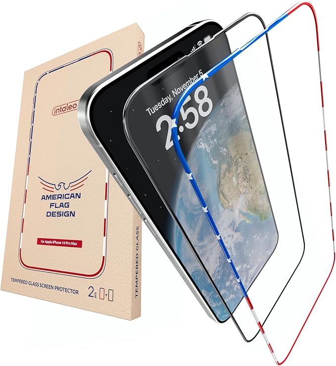 Screen Protector for iPhone 14 Pro Max - 2 Pack (USA Flag & Classic Black) Tempered Glass 9H Hardness, Full Coverage, Anti-Fingerprint Coating for iPhone 14 Pro Max Screen Protector