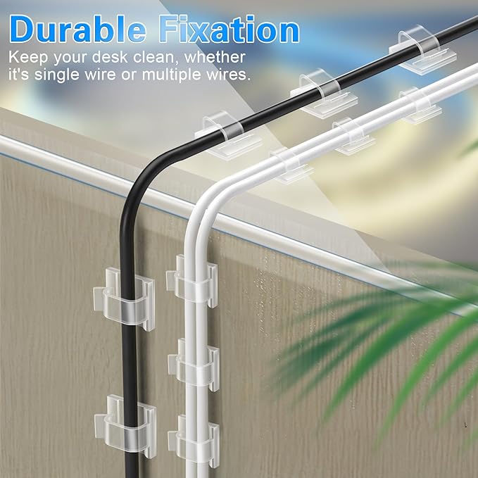 120PCS XHF Adhesive Cable Wire Clips Clear, Cable Holder Staples Outdoor Cable Management Wire Organizer Cord for Under Desk, Car, Wall, TV PC Ethernet Cable