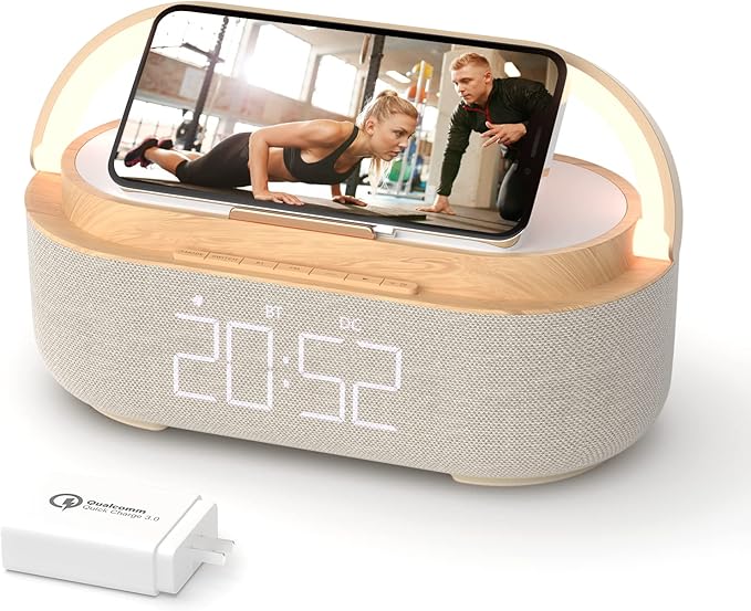 Bluetooth Speaker Alarm Clock with Wireless Charger, FM Radio, Adjustable LED Night Light, 6 in 1 Bedroom Portable Speaker 2500mAh, Phone Stand for Bedside, Home, Office, Gift