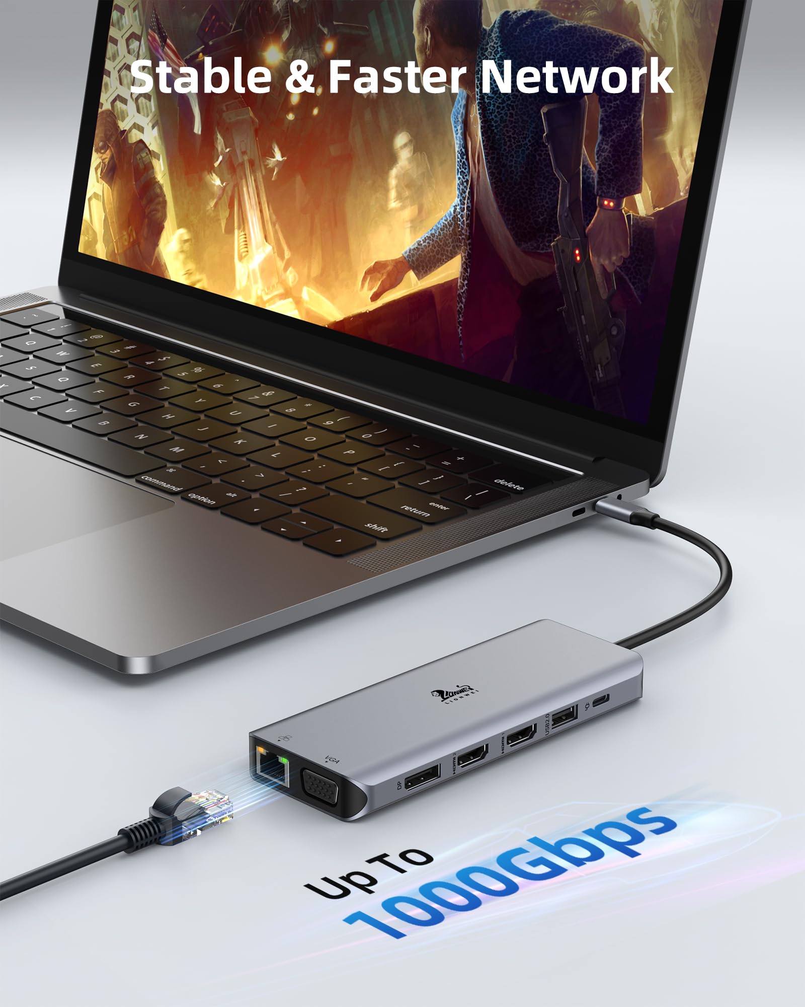 13-in-1 Docking Station to 4 Monitors, LIONWEI USB C Hub for Laptop Mac