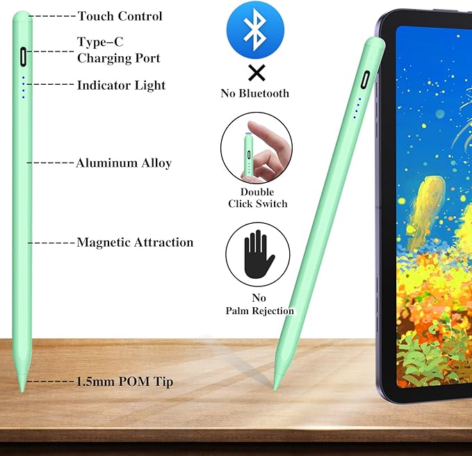 Active Stylus Pens for Touch Screens Magnetic Type-C Charging Tablet Pen with 4 POM Tips iPad Pencil Stylus Pen for iPad/Pro/Air/Mini/iPhone/Samsung/Android and Other Smartphone Device-Green