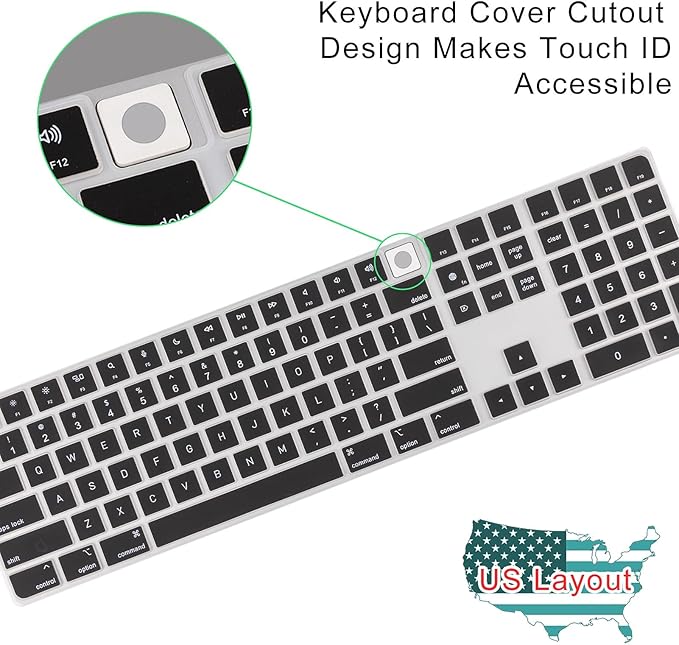 Allinside Black Keyboard Cover for Mac Magic Keyboard with Touch ID and Numeric Keypad A2520 US Layout