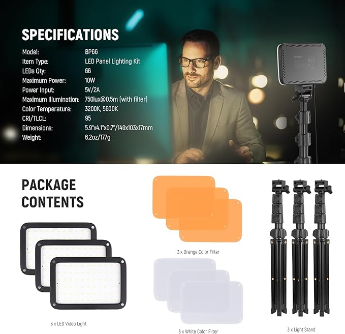 NEEWER BASICS LED Video Light Panel Lighting Kit, 3 Pack Bi Color Dimmable Portable Studio Lights with Tripod Stands & Filters, 3200K~5600K CRI95 750lux for Photography Video Recording Streaming, BP66