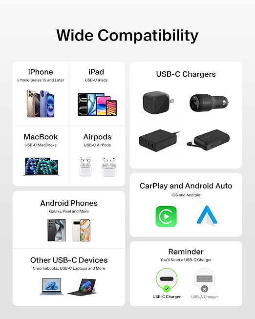 Belkin USB C to USB C Cable, 6.6ft, 60W - Type C Charger, iPhone Charger Cord, Soft, Braided, Flexible for iPhone 16, Galaxy S25, Pixel 9, Airpods, iPad Pro, Tablet & More, Travel Essentials - White