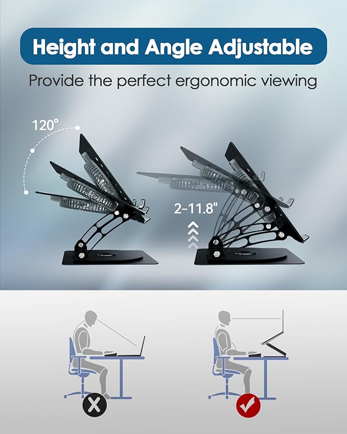 SHUWEI Gaming Laptop Cooling Pad with 360° Rotation Base, Ergonimic Aluminum Laptop Cooling Stand with 3 Speed Fan, Adjustable Height Laptop Cooling Pad for 10-17.3'' Notebook