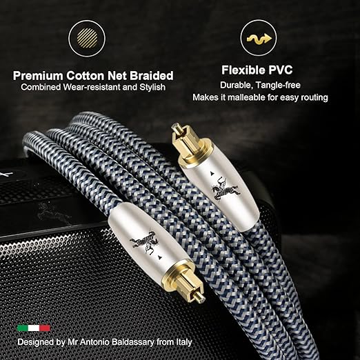 Digital Fiber Optic Audio Cable for Sound Bar Toslink Cord Male to Male 24K Gold Plated Connector Optical Audio Cable 6ft 10ft S/PDIF Glass Core, 3.3feet/1M IMP-2201