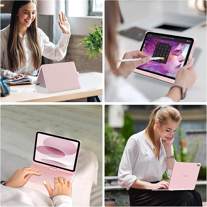 typecase Touch iPad 10th Generation Case with Keyboard (10.9", 2022) and iPad A16 (11th Gen, 2025) – 360° Rotatable, 11-Color Backlit, Multi-Touch Trackpad, Thin & Light (Light Pink)