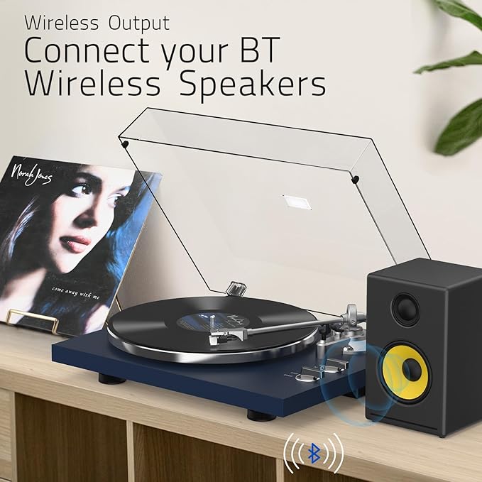 Turntables Belt-Drive Record Player with Wireless Output Connectivity Vinyl Player 33&45 RPM Speed Phono Line Output USB Digital to PC Recording ATN3600L MM Cartridge&Counterweight Dark Blue