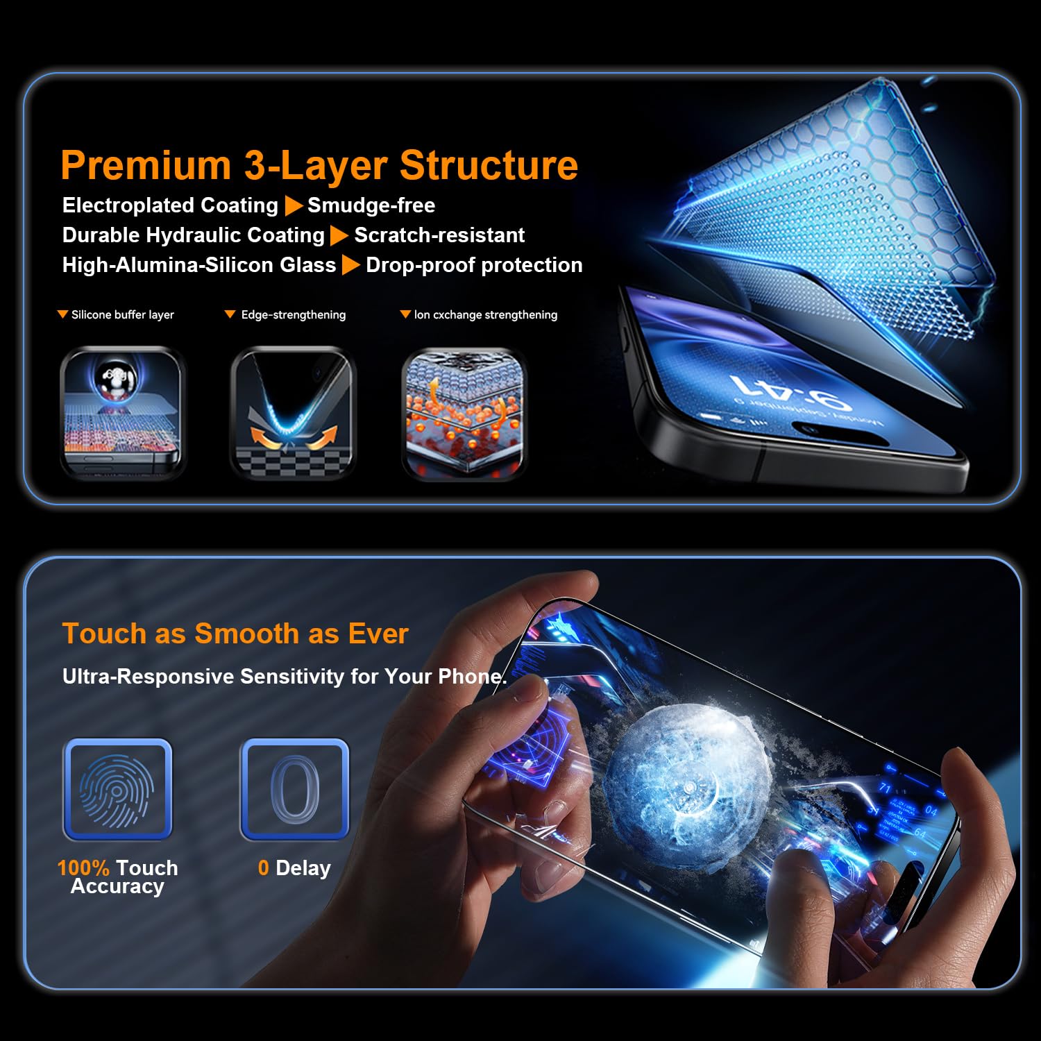 OneFish Glass Screen Protector for iphone 15 Pro, 9H Hardness Glass Scratch Resistant, HD Clarity Tempered Film with Installation Frame, Bubble Free, Easy Installation, 2Pack.