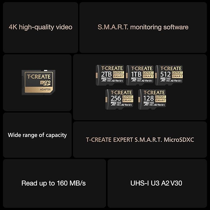 TEAMGROUP T-Create Smart A2 2TB Micro SDXC U3 V30 4K R/W Speed up to 160/150 MB/s High Speed Flash Memory Card for Creators, Compatible with GoPro, Insta360 TTCS2TIA2V3003