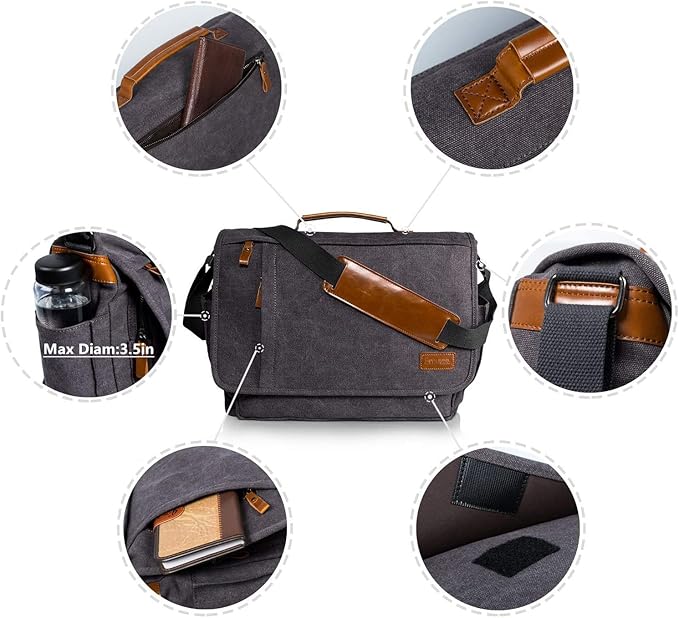 ESTARER Laptop Messenger Bag 17-17.3 Inch Water-resistant Canvas Shoulder Bag for Work College, Grey