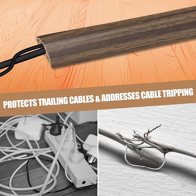 Floor Cord Cover Self Adhesive Cord Hider,10FT Cable Management, Extension Strip Protector for Wires, Prevent Cable Trips for Offices, Gyms, Exhibitions Cavity:0.51"(W) x 0.3"(H) Wood Walnut