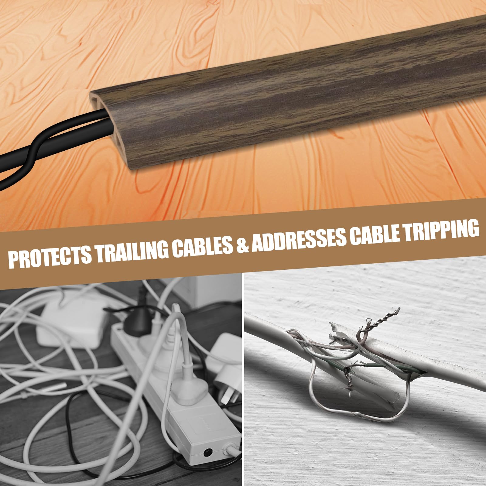 Floor Cord Cover Self Adhesive Cord Hider,10FT Cable Management, Extension Strip Protector for Wires, Prevent Cable Trips for Offices, Gyms, Exhibitions Cavity:0.51"(W) x 0.3"(H) Wood Walnut