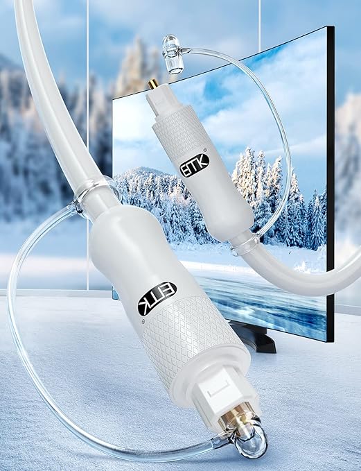 EMK White Optical Audio Cable [30ft/10M] - Digital SPDIF Toslink Fiber Optic Cable for Sound Bar, TV, Home Theater, Blu-ray Player - White, High-Speed, Low-Loss, Gold-Plated Connectors