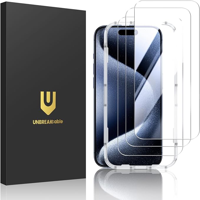 UNBREAKcable Shatterproof Tempered Glass Screen Protector for iPhone 15 Pro Max [3-Pack][Easy Installation Frame] [9H Hardness] [99.99% HD Clear] [Bubble Free] for Apple 6.7”