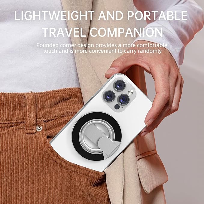 Magnetic-Phone-Ring-Holder with Dual Rings, Compatible with iPhone 16/15/14/13/12, Multifunctional Stand for Desk,Office,Gym,Kitchen & All Metal Surfaces, Finger Loop Grip (Silver)