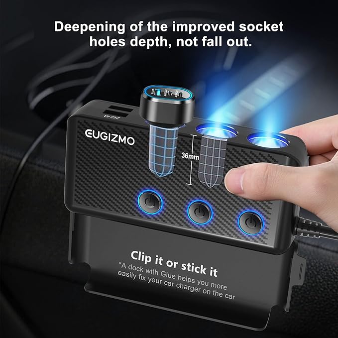 Cigarette Lighter Adapter, 222W 3 Socket Car Cigarette Lighter Plug USB Charger Multi Port 12V Car Plug Outlet Splitter with LED Voltage Display Independent Switches