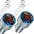 iPhone Fast Car Charger, 65W 4-Port USB C Car Phone Charger Adapter with 2x6FT USB C Cable, Multi Port Cigarette Lighter USB Charger with Voltage Display for iPhone 16 15 Pro Max,iPad,Samsung, Android