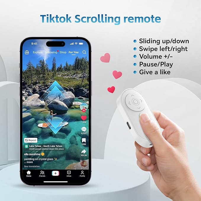 Bluetooth Camera Remote Shutter with Zoom and Front/Rear Camera Switch for Photo and Vlogging,Cllphone Remote Clicker for iOS & Android Smartphone, Wireless Video Scrolling for Tiktok