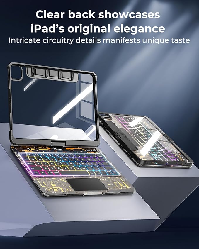 SIEBITU Clear Wireless Keyboard Case for iPad Air 11-inch (M3 2025/M2 2024) & iPad Pro 11-inch 4th 3rd 2nd 1st Gen, 7-Color Backlit with Multi-Touch Trackpad for 10.9” iPad Air 4th/5th Gen, Black