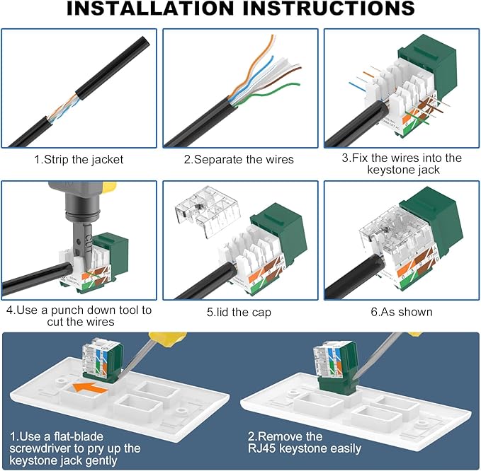 VCE UL Listed Cat6 RJ45 Keystone Jack Insert 25-Pack, 90 Degree Punch Down Keystone Jack Adapter Slim Profile Green