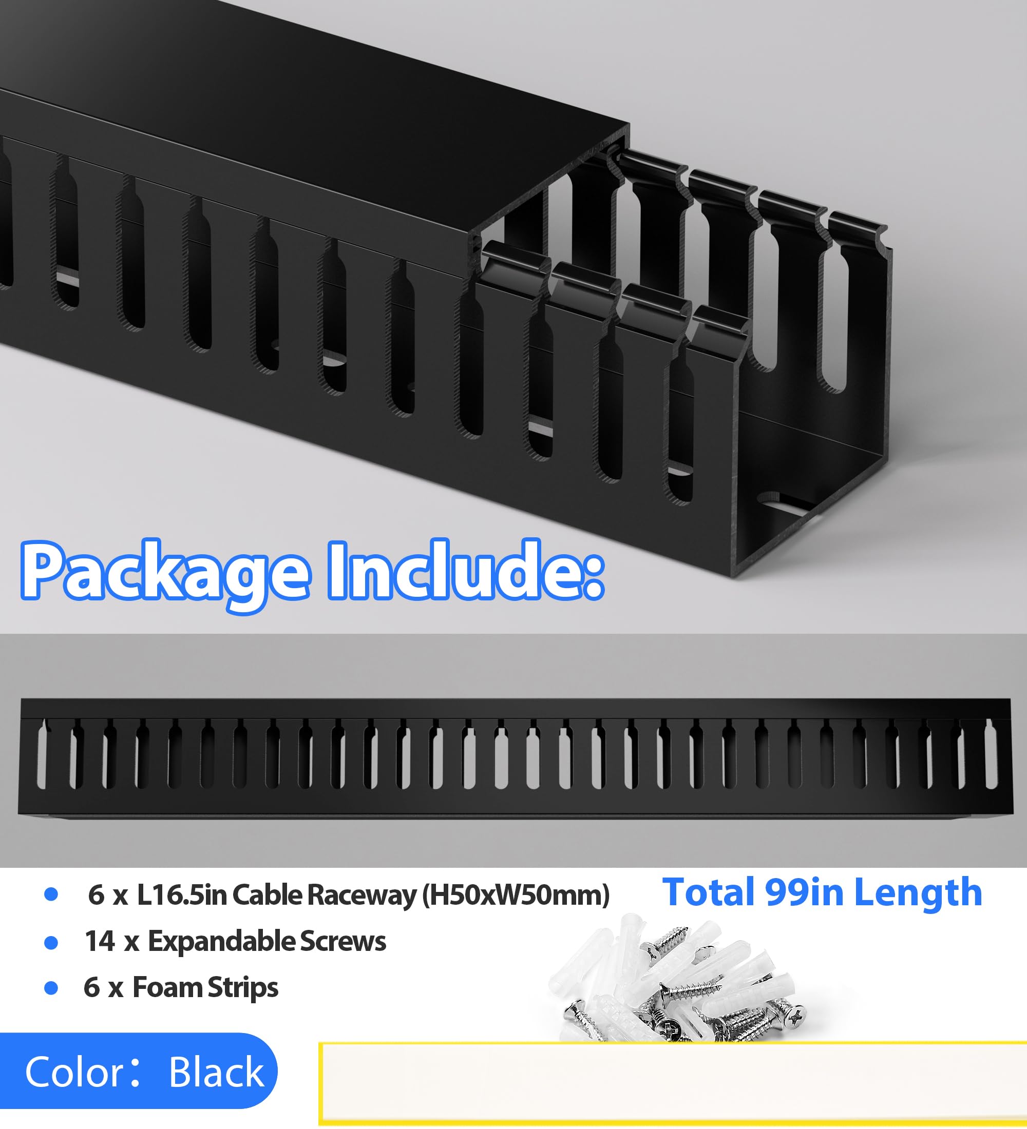 2" H x 2" W Cable Raceway, 99in Under Desk Wire Management Channel, Black