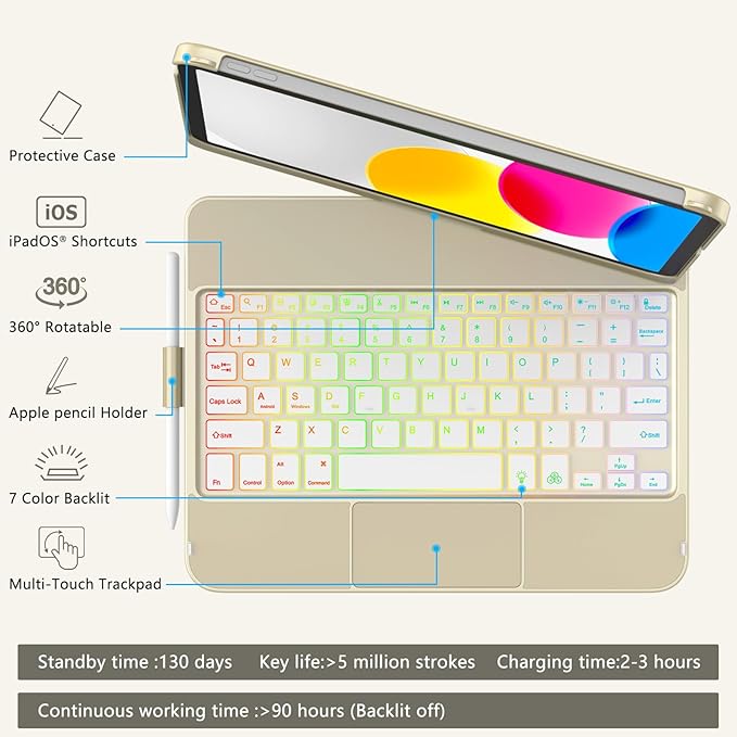 for iPad A16 11th Generation/10th Generation Case with Keyboard,Touch Keyboard for iPad 11" /10th Gen 10.9 inch 2022-10 Color Backlight, 360° Rotatable Protective Cover (Rock Grey)