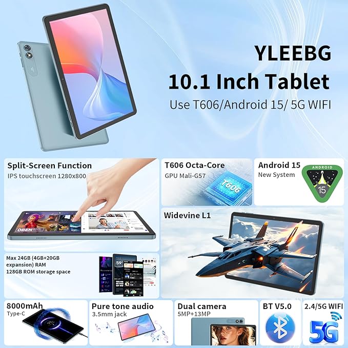 Android Tablet with Keyboard,10 inch Android 15 tablet, 24GB RAM 128GB ROM, 1TB Expand, Octa-Core, Widevine L1, 2.4G/5G WiFi, 8000mAh, Bluetooth, GMS, 2 in 1 Tablet with Case, Mouse, Stylus（Pink)