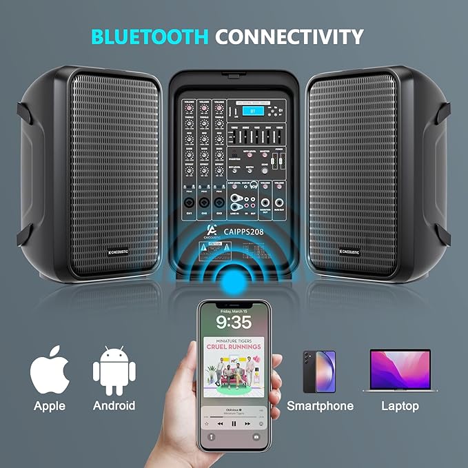 All-in-One 2-Way PA Speaker System DJ Mixer Bundle,300W 8-Channel Mixer Bluetooth, Amplifier Kit with 8" Subwoofer and 1" Horn Tweeter,USB,2 Speaker Stands, Mic